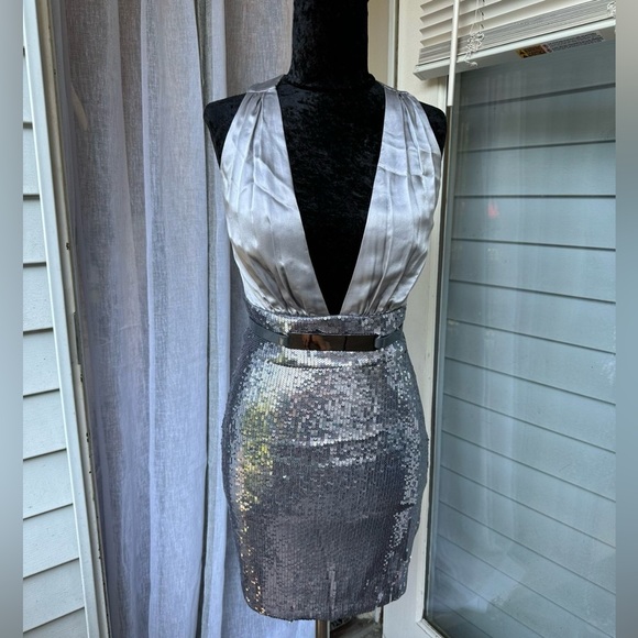 bebe Dresses & Skirts - Bebe Silver Satin and Sequin Cocktail Dress Size Small